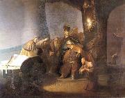 Rembrandt van rijn Judas returning the thirty silver pieces. oil